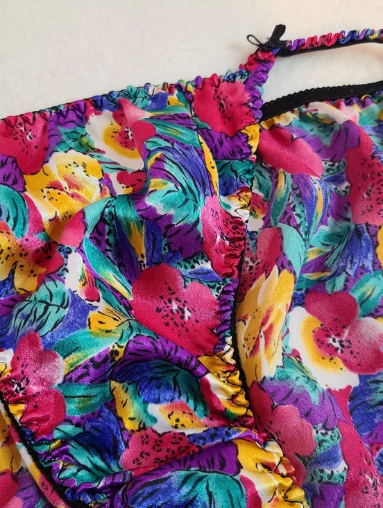 Vintage Silky Satin Vivid Colorful Floral Print String Bikini Panty Size Lg - Picture 2 of 5